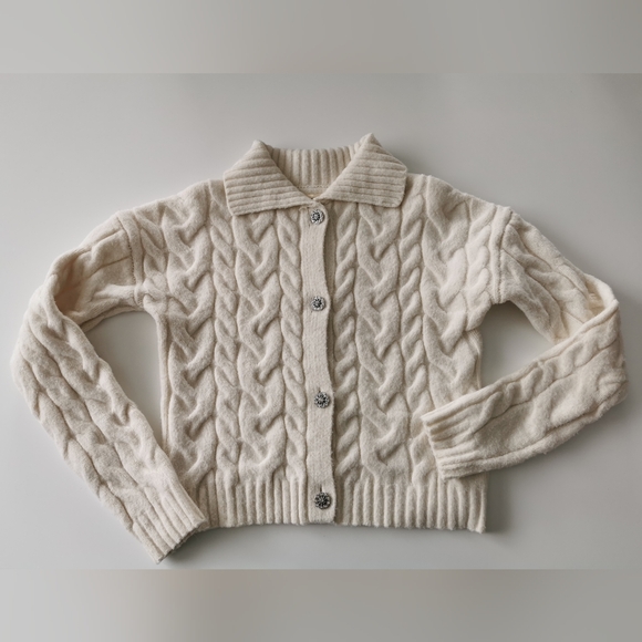 Jessica Simpson Cable Knit Rhinestone Snowflake Button Cardigan - Picture 1 of 5